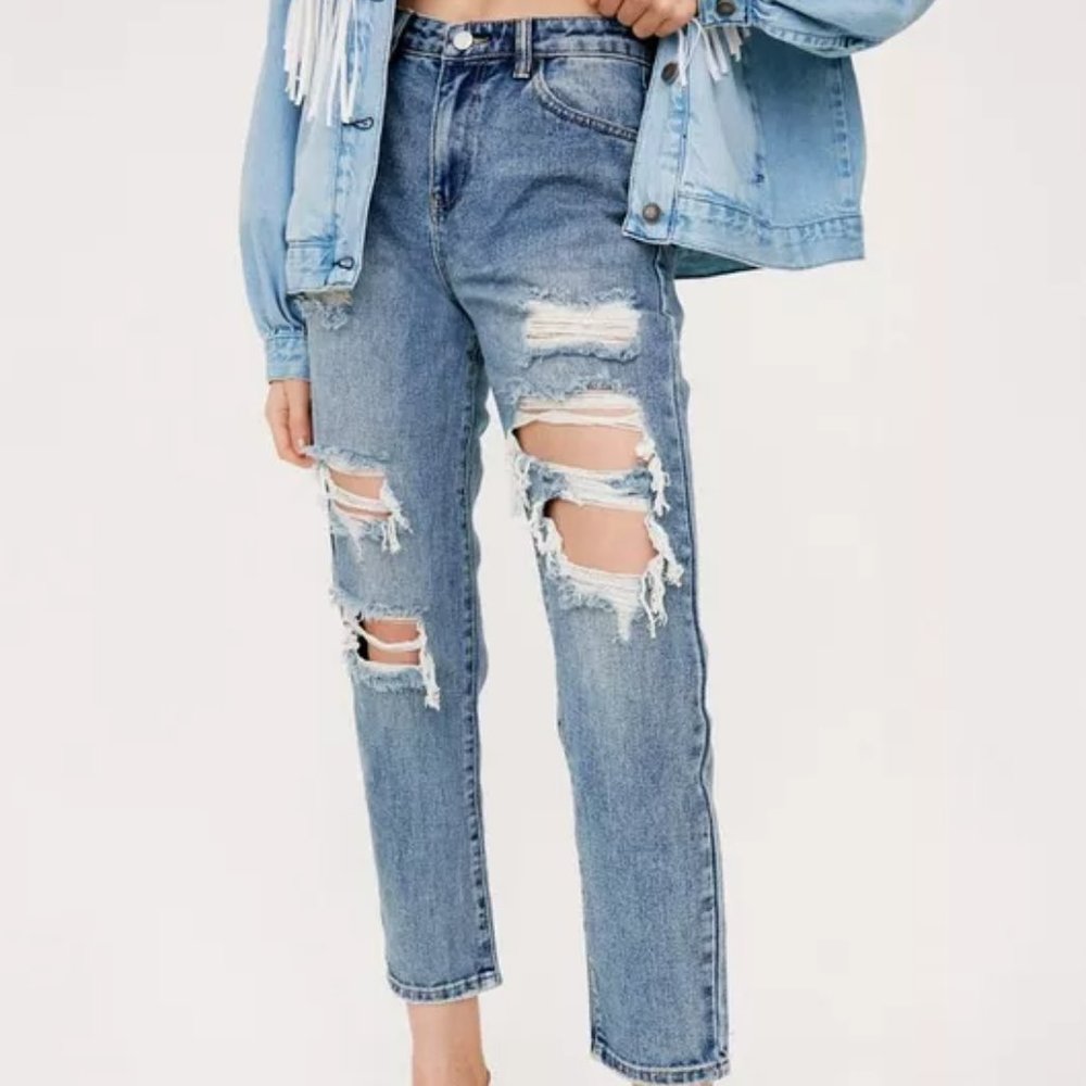 Ripped Acid Wash Boyfriend Jeans